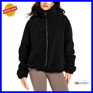 Sherpa Fleece Full Zip Jacket with Cinchable Hem and Pockets